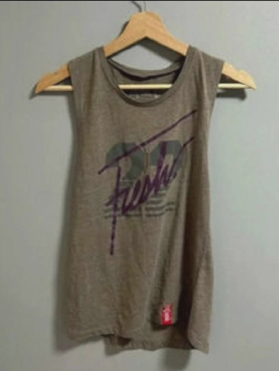 fresh Tops - fresh Taupe Muscle Tank with Purple Graphic